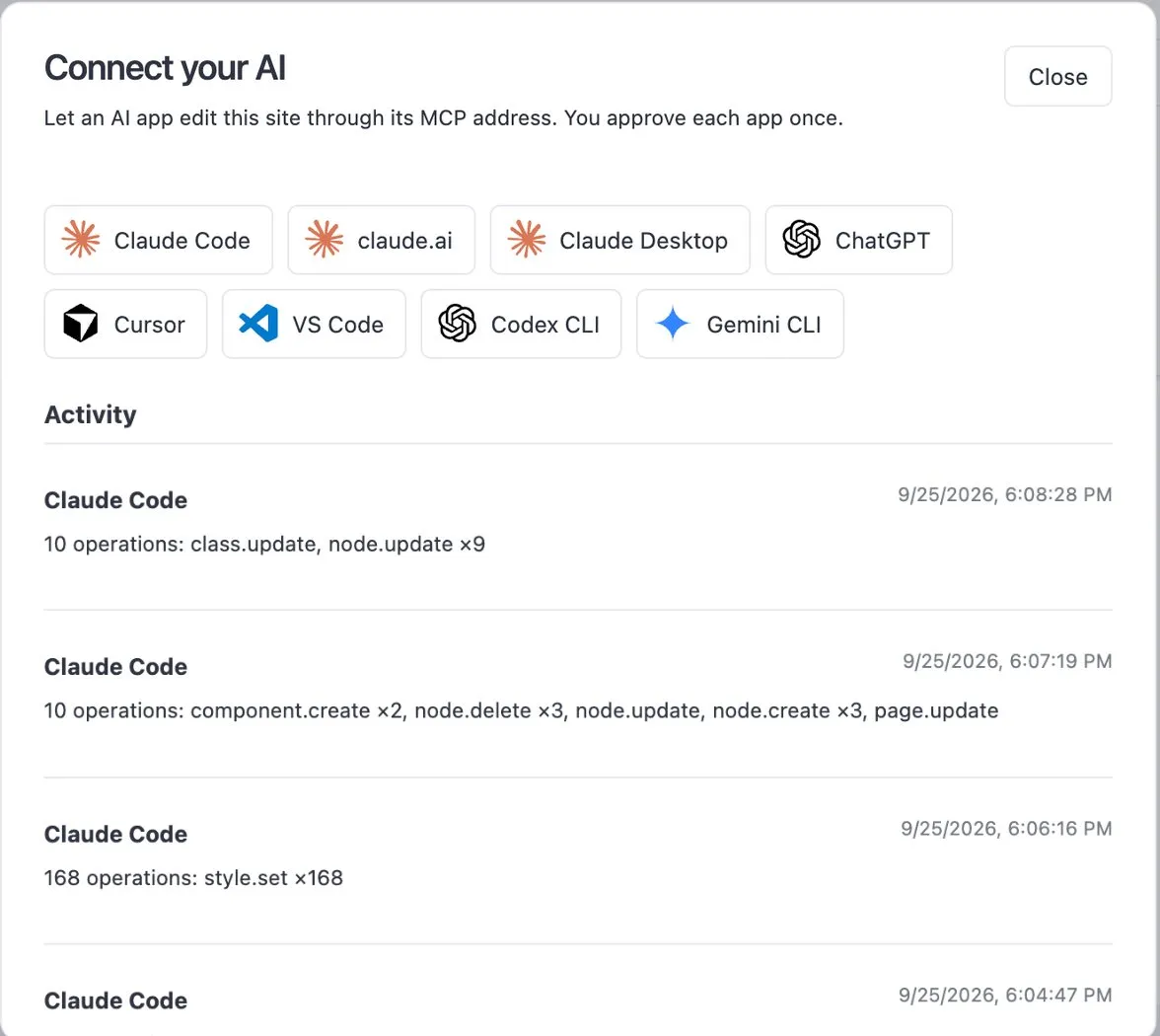 The Connect your AI panel: buttons for Claude, ChatGPT, Cursor, VS Code, Codex and Gemini, and the edits Claude Code made to this page