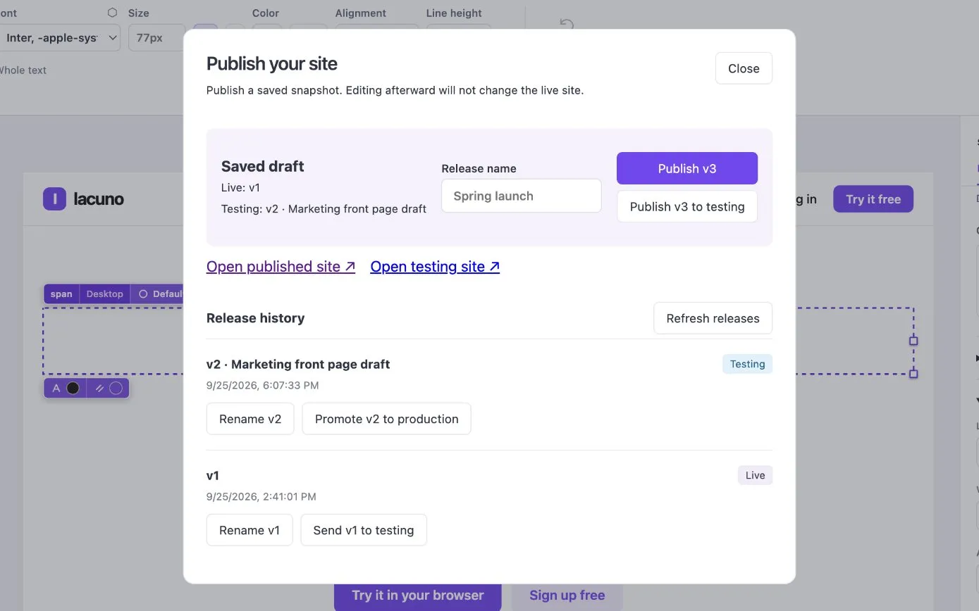 The Lacuno publish panel with the saved draft and the release history of this site